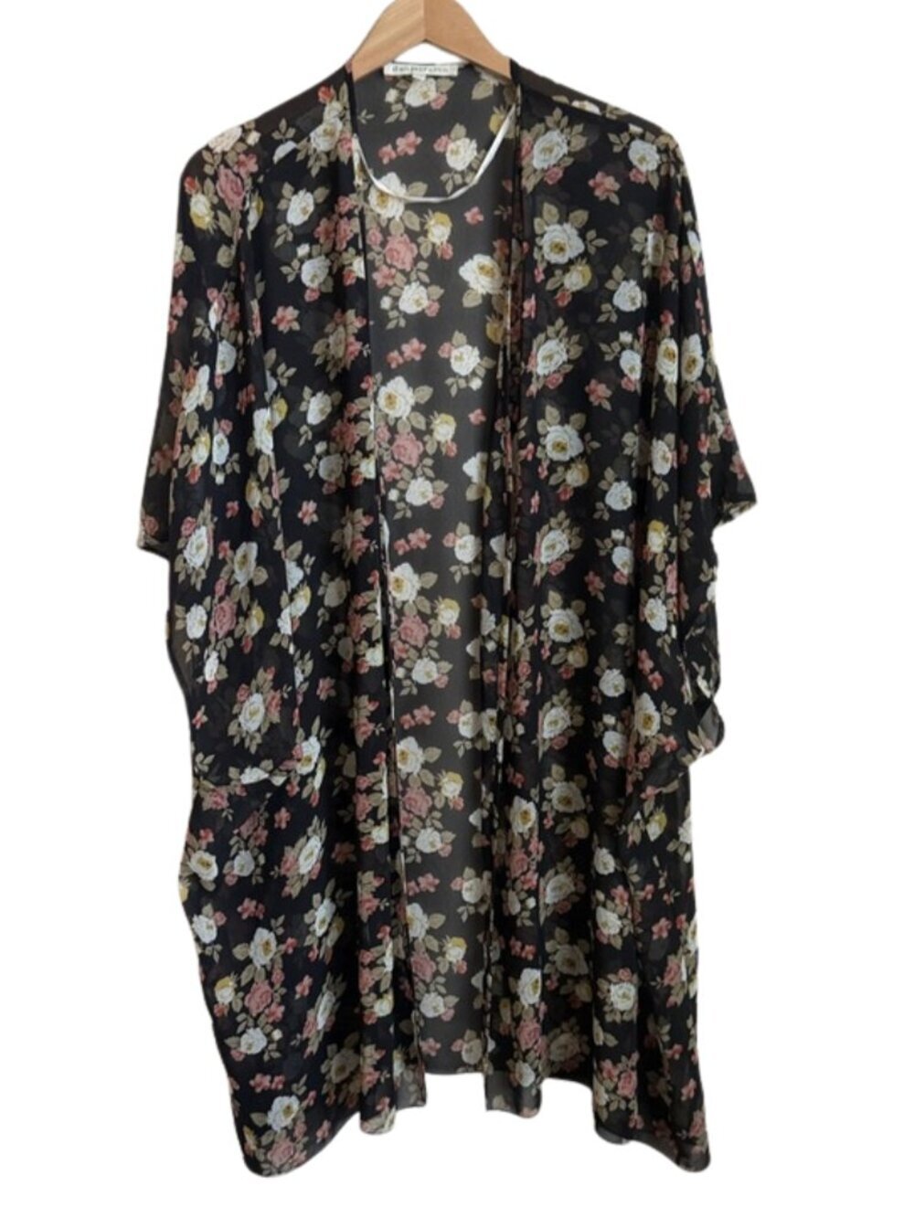 Kimono Cover Up Floral Plus Size 0X/1X Black Sheer Daniel Rainn Swim Beach Boho